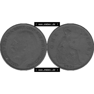 Alte Münze Großbritannien Umlaufmünze One Penny, 1 Pence 1927-1927, 1 One Penny, 1927-02 , George V, BM GEORGIVS V DEI GRABRITTOMNREX FIDDEFINDIMP Graustufen.... Sammlung