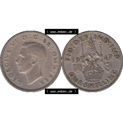 Alte Münze Großbritannien, Bild in Farbe bzw. Color PNG-Grafik 1947-1948, 1 One Schilling - One Shilling, 1947-02 Sitzender gekrönter Löwe auf Krone.... Sammlung