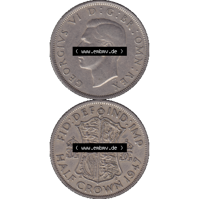Alte Münze Großbritannien, Bild in Farbe bzw. Color PNG-Grafik 1947-1948, Halbe - 1/2 Krone, Half Crown 1947-01, George VI, FID DEF IND IMP HALF CROWN.... Sammlung
