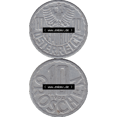 Alte Münze 10 / Zehn Groschen Österreich in original Farbgebung von Scanner transparenten PNG 1951-2001, 10 Groschen 1953-01. Vorderseite und Rückseite der Kursmünze... Sammlung