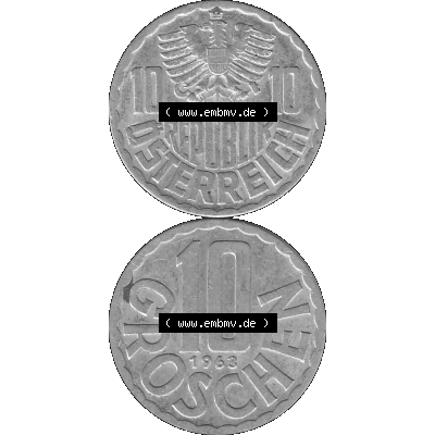 Alte Münze 10 / Zehn Groschen Österreich in s/w Schwarzweiß bzw. Graustufen Farbgebung von Scanner transparenten PNG 1951-2001, 10 Groschen 1963-01 Graustufen.... Sammlung