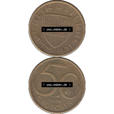 Alte Münze 50 / Fünfzig Groschen Österreich in original Farbgebung von Scanner transparenten PNG 1959-2001, 50 Groschen 1976-01, Bindenschild. Vorderseite und Rückseite... Sammlung