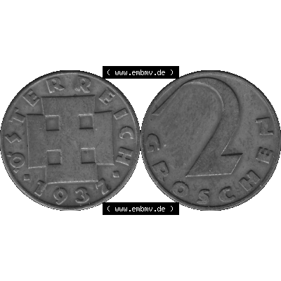 Alte Münze 2 / Zwei Groschen Österreich in s/w Schwarzweiß bzw. Graustufen Farbgebung von Scanner transparenten PNG 1925-1938, 2 Zwei Groschen, Krückenkreuz... Sammlung