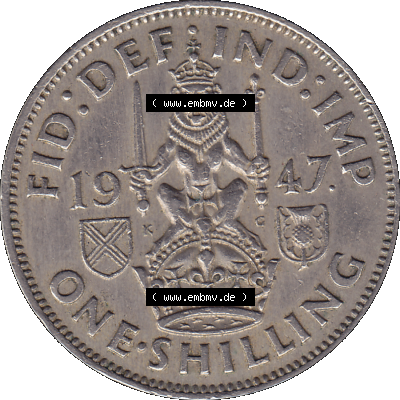 Alte Münze Großbritannien, Bild in Farbe bzw. Color PNG-Grafik 1947-1948, 1 One Schilling - One Shilling, 1947-01 Sitzender gekrönter Löwe auf Krone.... Sammlung