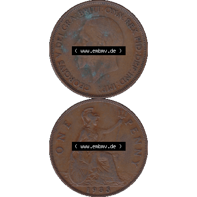 Alte Münze Großbritannien Umlaufmünze One Penny, 1 Pence 1928-1936, 1 One Penny, 1935-01, George V. BM GEORGIVS V DEI GRABRITTOMNREX FIDDEFINDIMP.... Sammlung
