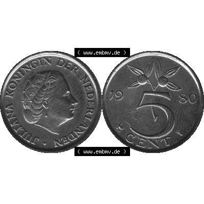 Alte Münze Niederlande in Grau 1950-1980, 5 Cent Königin Juliana 1980-01 Graustufen. Vorderseite und Rückseite horizontal auf einen digitalen grauen / Graustufen Bild der... Sammlung