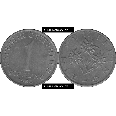 Alte Münzen Österreich 1 / Ein Schilling in Graustufen 1959-2001, 1 Schilling 1990-01 Graustufen. Vorderseite und Rückseite der Österreich Zweite Republik 1 / Ein... Sammlung