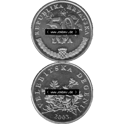 Alte Münze Kroatien Umlaufmünze 1993-2021, 50 Lipa 2003-01 Graustufen Graustufen. Vorderseite und Rückseite in Graustufen der kroatischen vor-Euro-Münze, vertikal... Sammlung