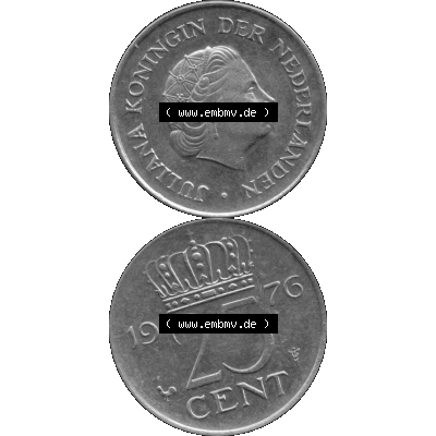 Alte Münze Niederlande in Grau 1950-1980, 25 Cent Königin Juliana 1976-01 Graustufen. Vorderseite und Rückseite vertikal auf einen digitalen in grau / Graustufen umgewandeltes... Sammlung