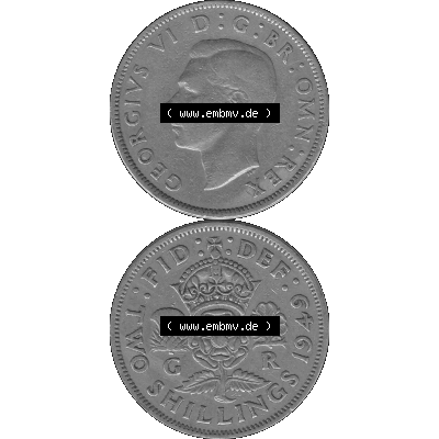 Alte Münze Großbritannien, Bild in s/w bzw. Graustufen PNG-Grafik, Umlaufmünze aus dem Zeitraum 1949-1951, 2 Schilling-Florin, Two Shillings, 1949-04,... Sammlung
