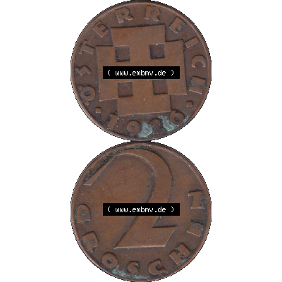 Alte Münze 2 / Zwei Groschen Österreich in original Farbgebung von Scanner transparenten PNG 1925-1938, 2 Zwei Groschen, Krückenkreuz 1926-03. Vorderseite und Rückseite... Sammlung