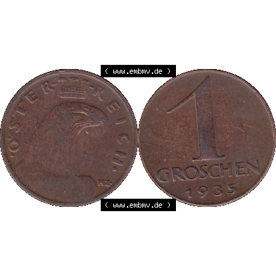 Alte Münze 1 / Ein Groschen Österreich in original Farbgebung von Scanner transparenten PNG 1925-1938, 1-Ein Groschen, Adlerkopf mit Mauerkrone 1935-01. Vorderseite und... Sammlung