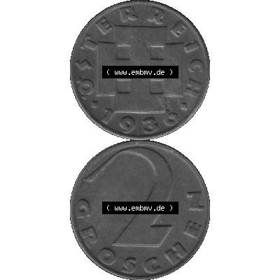 Alte Münze 2 / Zwei Groschen Österreich in s/w Schwarzweiß bzw. Graustufen Farbgebung von Scanner transparenten PNG 1925-1938, 2 Zwei Groschen, Krückenkreuz... Sammlung