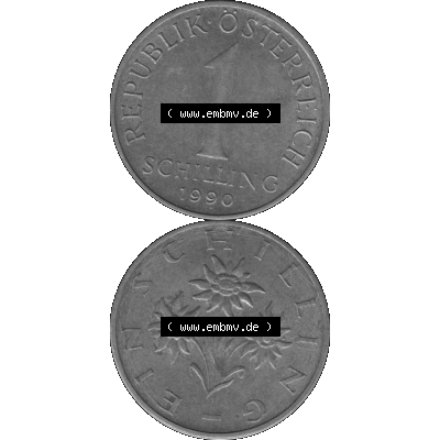 Alte Münzen Österreich 1 / Ein Schilling in Graustufen 1959-2001, 1 Schilling 1990-01 Graustufen. Vorderseite und Rückseite in Graustufen der 1 / Ein Schilling-Münze... Sammlung