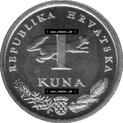 Alte Münze Kroatien Umlaufmünze 1993-2021, 1 Kuna 1999-01 Graustufen Graustufen. Vorderseite in Graustufen der Münze aus Kroatien auf einen digitalen PNG-Bild der alten Umlaufmünze... Sammlung