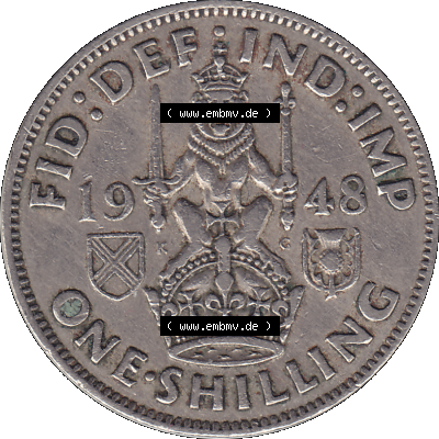 Alte Münze Großbritannien, Bild in Farbe bzw. Color PNG-Grafik 1947-1948, 1 One Schilling - One Shilling, 1948-02 Sitzender gekrönter Löwe auf Krone.... Sammlung