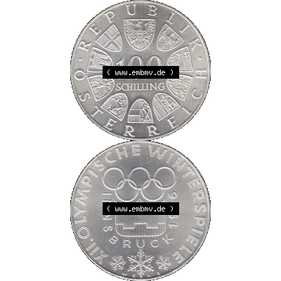 Alte Münze 100 / Einhundert Schilling Österreich auf original farbigen transparenten PNG-Bild 1976-1976, 100 Hundert Schilling, Emblem der Spiele 1976-01, Olympische Winterspiele... Sammlung