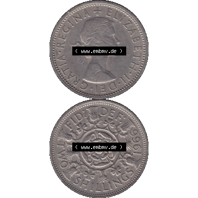 Alte Münze Großbritannien, Bild in Farbe bzw. Color PNG-Grafik, Umlaufmünze aus dem Zeitraum 1954-1970, 2 Schilling-Florin, Two Shillings, 1966-04 ELIZABETH... Sammlung