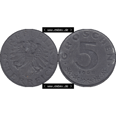 Alte Münzen Österreich 5 / Fünf Groschen in Farbe/Color 1948-1994, 5 Groschen 1968-01. Vorderseite und Rückseite der 5 / Fünf Groschen Münze aus dem... Sammlung