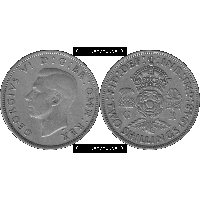 Alte Münze Großbritannien, Bild in s/w bzw. Graustufen PNG-Grafik, Umlaufmünze aus dem Zeitraum 1947-1948, 2 Schilling-Florin, Two Shillings, 1948-02,... Sammlung