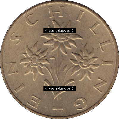 Alte Münzen Österreich 1 / Ein Schilling 1959-2001, 1 Schilling 1976-01, Ein Shilling Edelweiß. Rückseite der alten 1 / Ein Schilling Münze Edelweiß... Sammlung
