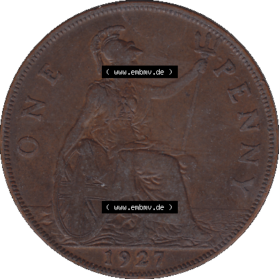 Alte Münze Großbritannien Umlaufmünze One Penny, 1 Pence 1927-1927, 1 One Penny, 1927-01, George V, BM GEORGIVS V DEI GRABRITTOMNREX FIDDEFINDIMP. Rückseite... Sammlung