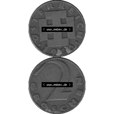 Alte Münze 2 / Zwei Groschen Österreich in s/w Schwarzweiß bzw. Graustufen Farbgebung von Scanner transparenten PNG 1925-1938, 2 Zwei Groschen, Krückenkreuz... Sammlung