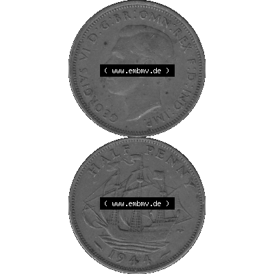 Alte Münze Großbritannien Umlaufmünze Half Penny 1937-1948, Half Penny 1944-01, George VI. GEORGIVS VI D-G-BR-OMN-REX F-D-IND-IMP.HP Graustufen. Vorderseite... Sammlung