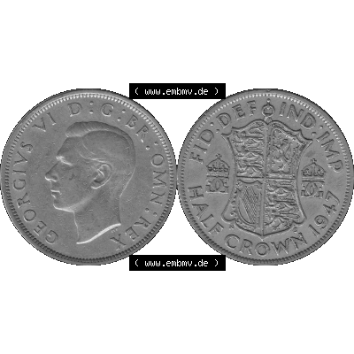 Alte Münze Großbritannien, Bild in s/w bzw. Graustufen PNG-Grafik 1947-1948, Halbe - 1/2 Krone, Half Crown 1947-01, George VI, FID DEF IND IMP HALF... Sammlung