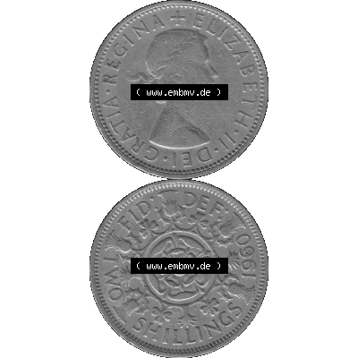 Alte Münze Großbritannien, Bild in s/w bzw. Graustufen PNG-Grafik, Umlaufmünze aus dem Zeitraum 1954-1970, 2 Schilling-Florin, Two Shillings, 1960-01... Sammlung