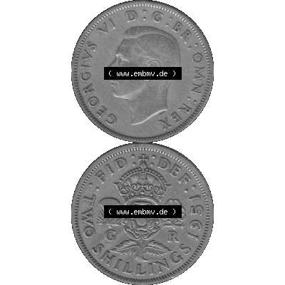 Alte Münze Großbritannien, Bild in s/w bzw. Graustufen PNG-Grafik, Umlaufmünze aus dem Zeitraum 1949-1951, 2 Schilling-Florin, Two Shillings, 1951-03,... Sammlung