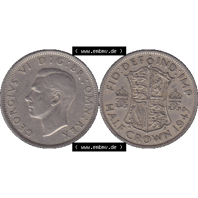 Alte Münze Großbritannien, Bild in Farbe bzw. Color PNG-Grafik 1947-1948, Halbe - 1/2 Krone, Half Crown 1947-01, George VI, FID DEF IND IMP HALF CROWN.... Sammlung