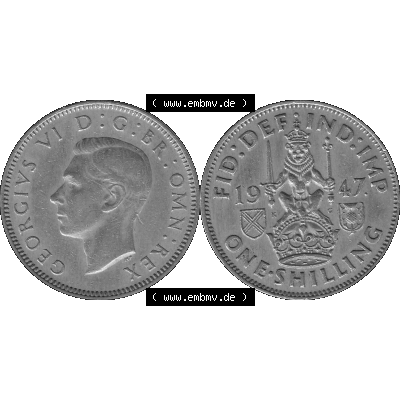 Alte Münze Großbritannien, Bild in s/w bzw. Graustufen PNG-Grafik 1947-1948, 1 One Schilling - One Shilling, 1947-01 Sitzender gekrönter Löwe auf Krone... Sammlung