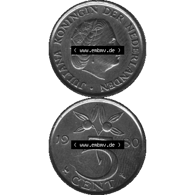 Alte Münze Niederlande in Grau 1950-1980, 5 Cent Königin Juliana 1980-01 Graustufen. Vorderseite und Rückseite vertikal auf einen digitalen in grau / Graustufen umgewandeltes... Sammlung