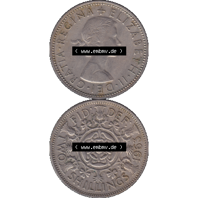 Alte Münze Großbritannien, Bild in Farbe bzw. Color PNG-Grafik, Umlaufmünze aus dem Zeitraum 1954-1970, 2 Schilling-Florin, Two Shillings, 1963-01 ELIZABETH... Sammlung