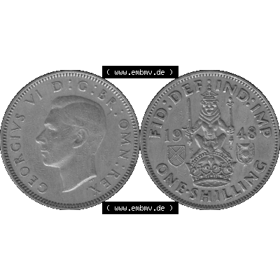 Alte Münze Großbritannien, Bild in s/w bzw. Graustufen PNG-Grafik 1947-1948, 1 One Schilling - One Shilling, 1948-01 Sitzender gekrönter Löwe auf Krone... Sammlung
