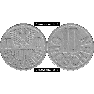 Alte Münze 10 / Zehn Groschen Österreich in s/w Schwarzweiß bzw. Graustufen Farbgebung von Scanner transparenten PNG 1951-2001, 10 Groschen 1955-01 Graustufen.... Sammlung
