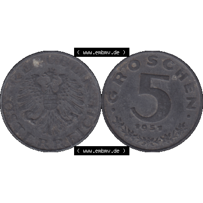 Alte Münzen Österreich 5 / Fünf Groschen in Farbe/Color 1948-1994, 5 Groschen 1951-01. Vorderseite und Rückseite der 5 / Fünf Groschen Münze aus dem... Sammlung
