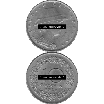 Alte Münze 10 / Zehn Groschen Österreich in s/w Schwarzweiß bzw. Graustufen Farbgebung von Scanner transparenten PNG 1925-1929, 10 Groschen 1928-01, VS Triolerien,... Sammlung