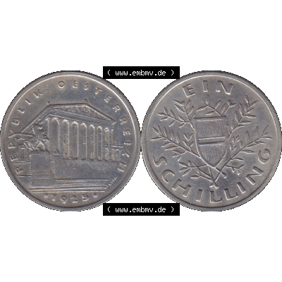Alte Münzen Österreich Ein - 1 Schilling 1925-1932, 1 Schilling 1925-01 Silbermünze Parlamentsgebäude in Wien, Bindenschild 6 Gramm 640er Silber. Vorderseite und... Sammlung
