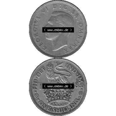 Alte Münze Großbritannien, Bild in s/w bzw. Graustufen PNG-Grafik 1947-1948, 1 One Schilling - One Shilling, 1948-04 Stehender gekrönter Löwe auf Krone... Sammlung