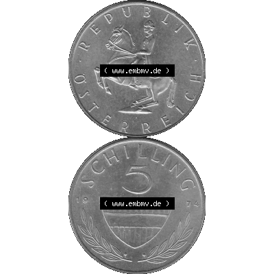 Alte Münze 5 / Fünf Schilling Österreich in s/w Schwarzweiß bzw. Graustufen Farbgebung von Scanner transparenten PNG 1968-2001, 5 Schilling 1974-01, Reiter... Sammlung