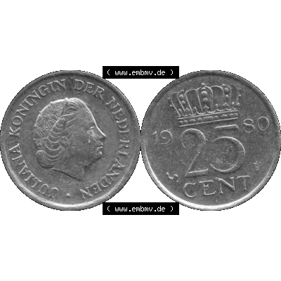 Alte Münze Niederlande in Grau 1950-1980, 25 Cent Königin Juliana 1980-01 Graustufen. Vorderseite und Rückseite horizontal auf einen digitalen grauen / Graustufen Bild der... Sammlung