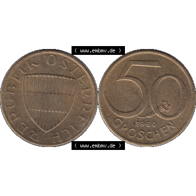 Alte Münze 50 / Fünfzig Groschen Österreich in original Farbgebung von Scanner transparenten PNG 1959-2001, 50 Groschen 1969-01, Bindenschild. Vorderseite und Rückseite... Sammlung