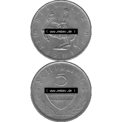Alte Münze 5 / Fünf Schilling Österreich in s/w Schwarzweiß bzw. Graustufen Farbgebung von Scanner transparenten PNG 1968-2001, 5 Schilling 1980-01, Reiter... Sammlung