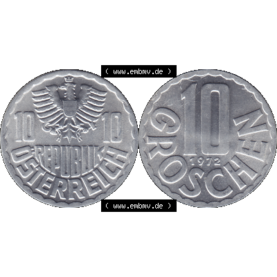 Alte Münze 10 / Zehn Groschen Österreich in original Farbgebung von Scanner transparenten PNG 1951-2001, 10 Groschen 1972-01. Vorderseite und Rückseite der 10 / Zehn... Sammlung