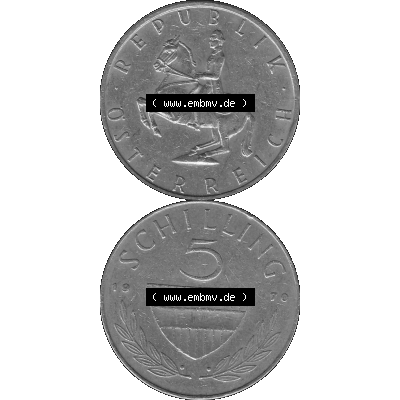 Alte Münze 5 / Fünf Schilling Österreich in s/w Schwarzweiß bzw. Graustufen Farbgebung von Scanner transparenten PNG 1968-2001, 5 Schilling 1970-01, Reiter... Sammlung