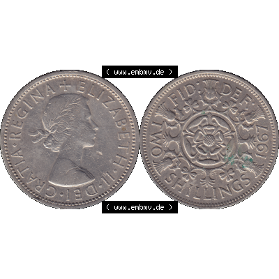 Alte Münze Großbritannien, Bild in Farbe bzw. Color PNG-Grafik, Umlaufmünze aus dem Zeitraum 1954-1970, 2 Schilling-Florin, Two Shillings, 1967-01 ELIZABETH... Sammlung