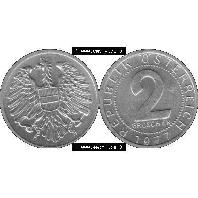 Alte Münze aus Österreich als PNG-Grafik 1950-1994, 2 Groschen 1977-01 Graustufen. Vorderseite und Rückseite der 2 Groschen Münze vertikal auf einen digitalen Graustufen... Sammlung