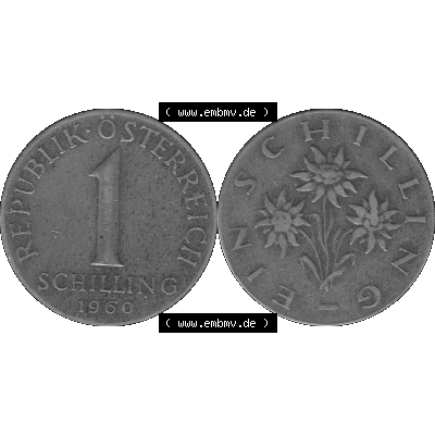 Alte Münzen Österreich 1 / Ein Schilling in Graustufen 1959-2001, 1 Schilling 1960-01, Ein Shilling Edelweiß Graustufen. Vorderseite und Rückseite der Österreich... Sammlung